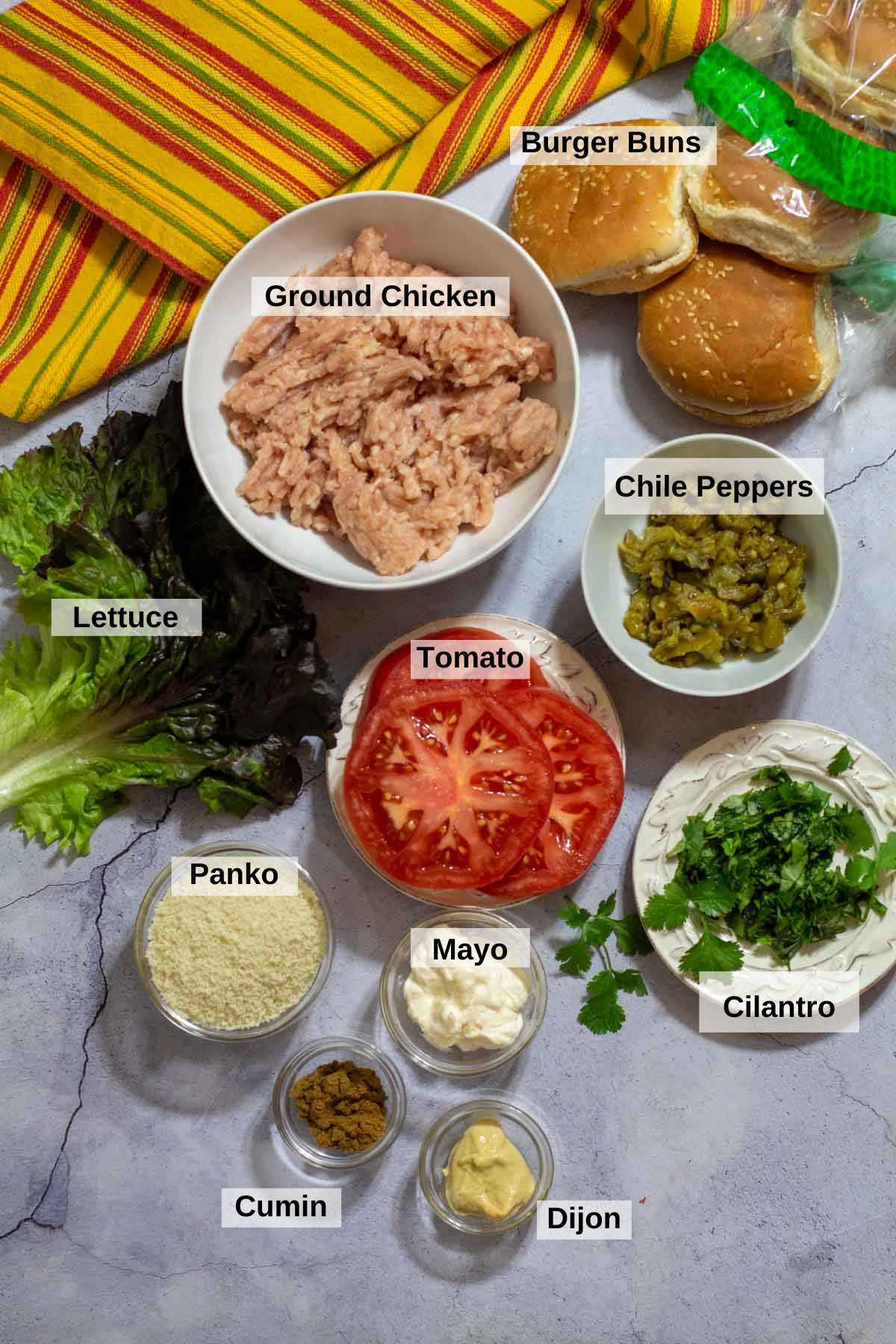 ingredients to make ground chicken burgers.