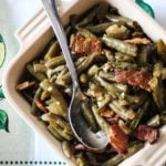 Southern Style Green Beans with Bacon in a casserole dish
