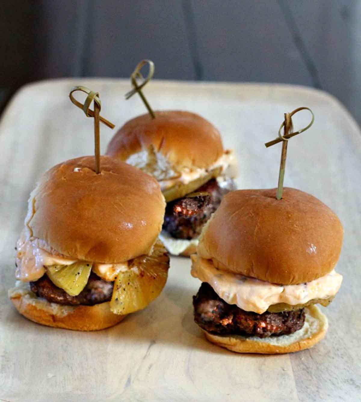 Sliders with Chipotle Mayo and pineapple.