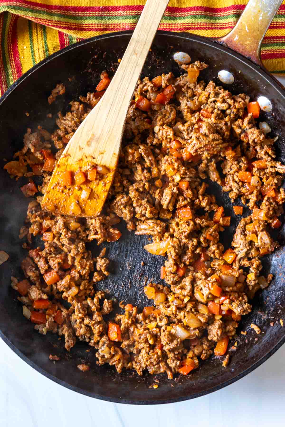 Seasoned ground beef to make fried tacos.