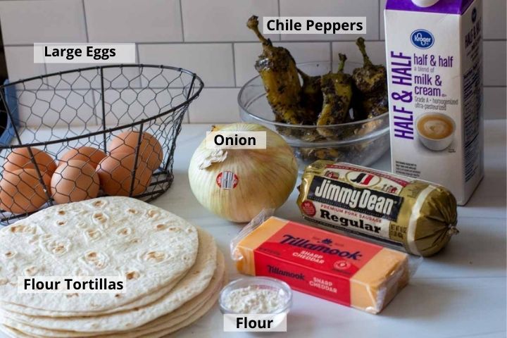 Ingredients to make breakfast burrito casserole
