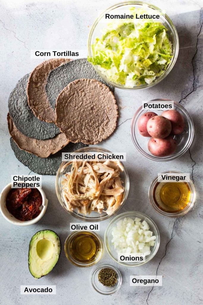 Ingredients to make rotisserie chicken tacos.