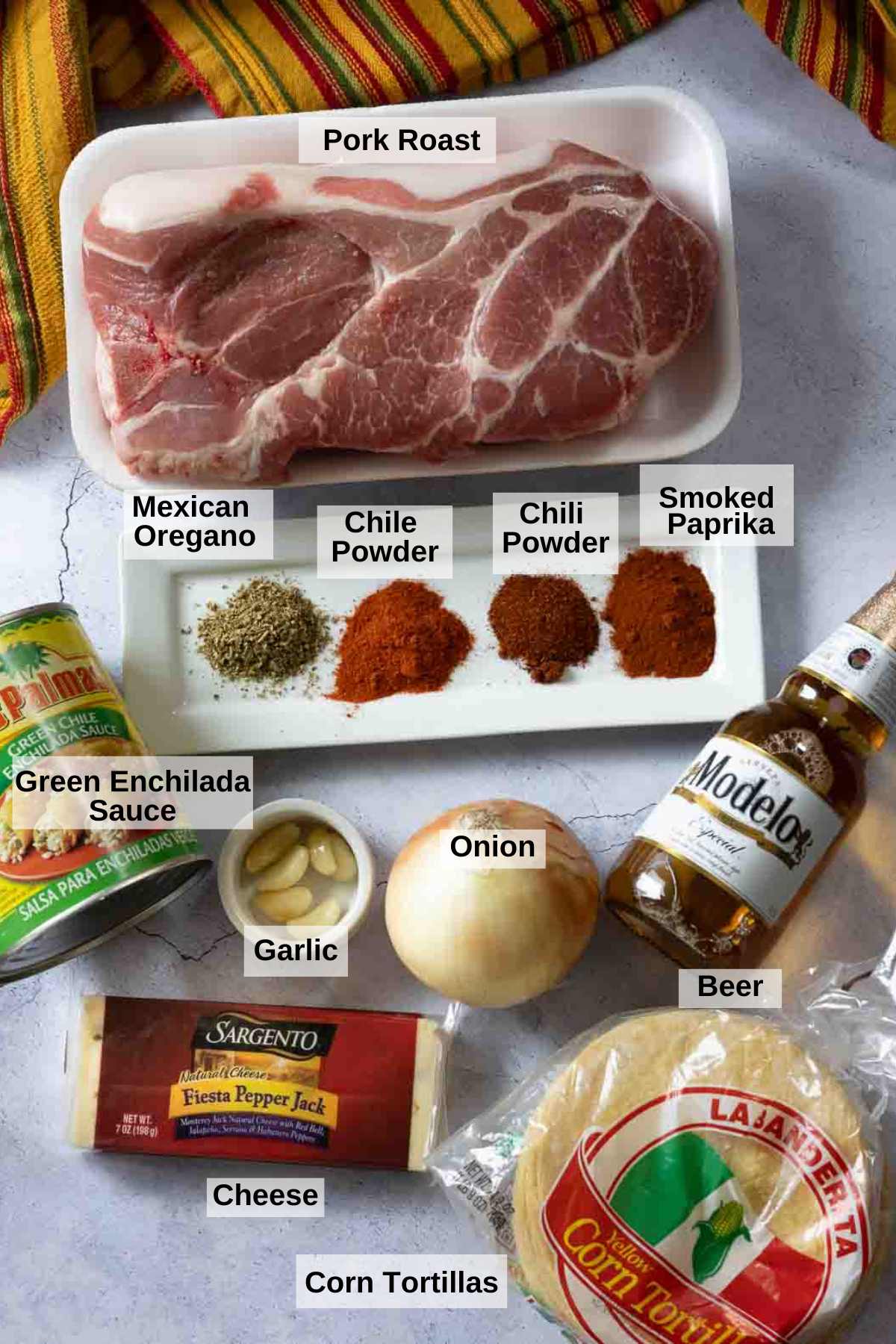 Ingredients to make beer braised pulled pork enchiladas verde.