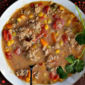Cream of chicken soup with ground chicken and vegetables.