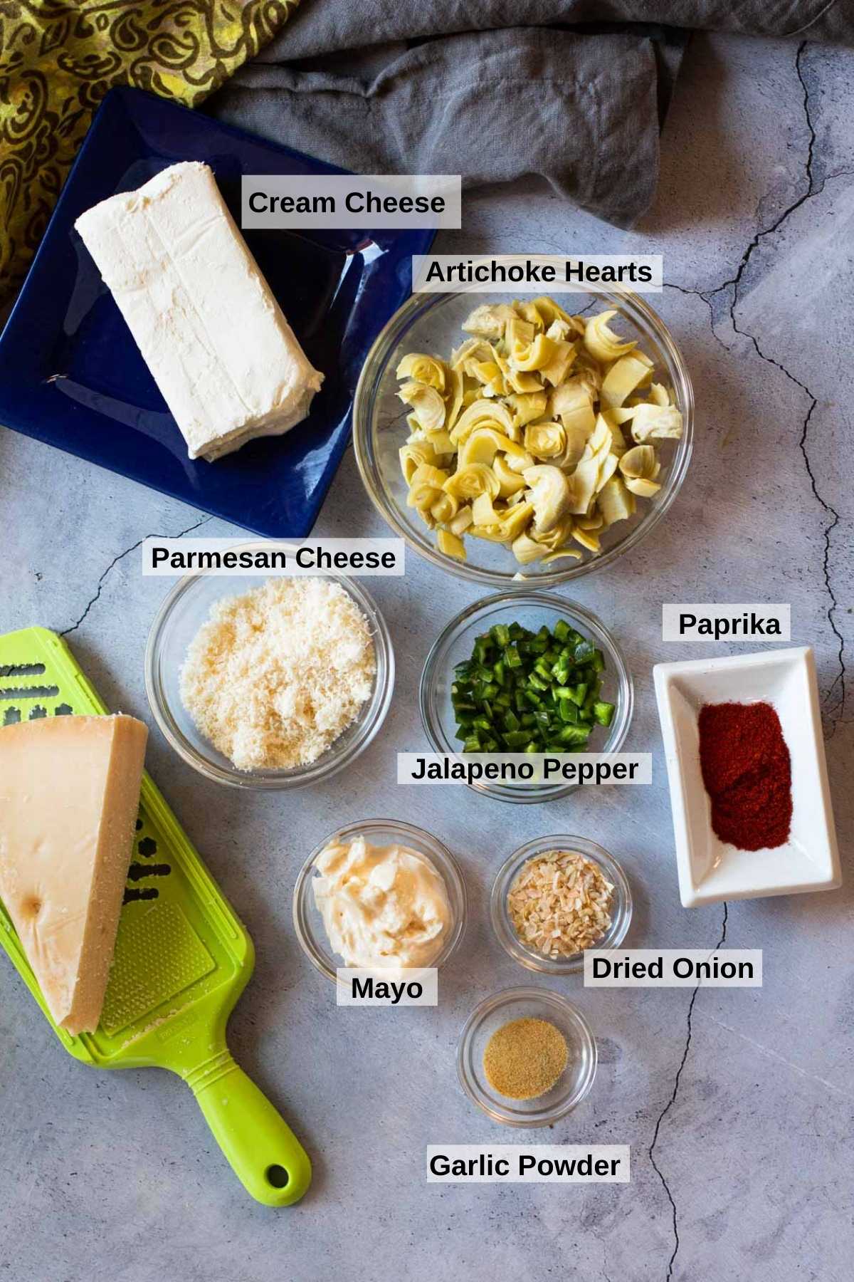 Ingredients to make jalapeno artichoke dip.