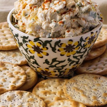 Jalapeno artichoke dip with crackers.