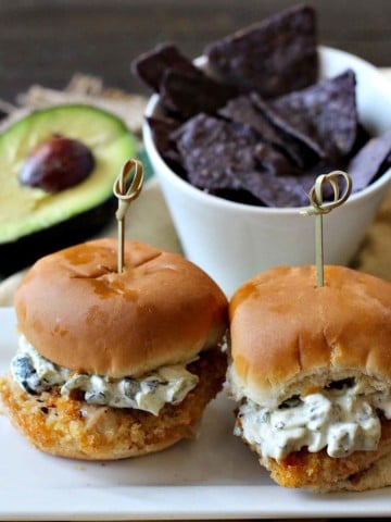 Fried chicken sliders with jalapeno aioli served with blue corn tortilla chips.