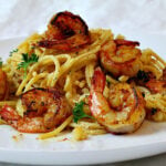 Shrimp and pasta dinner idea. With wild caught American shrimp. Creamy, spicy and succulent.