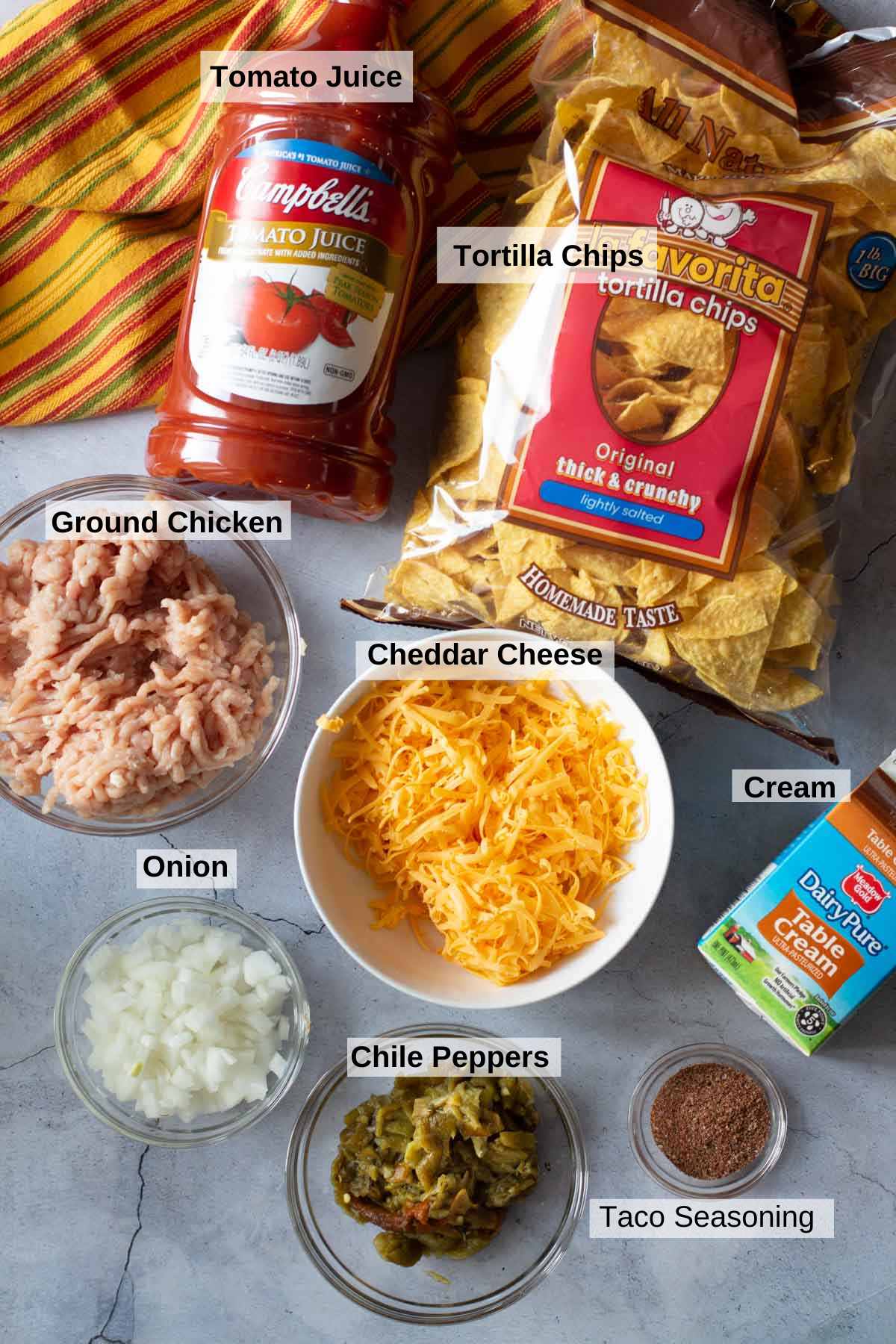Ingredients to make chicken taco casserole.