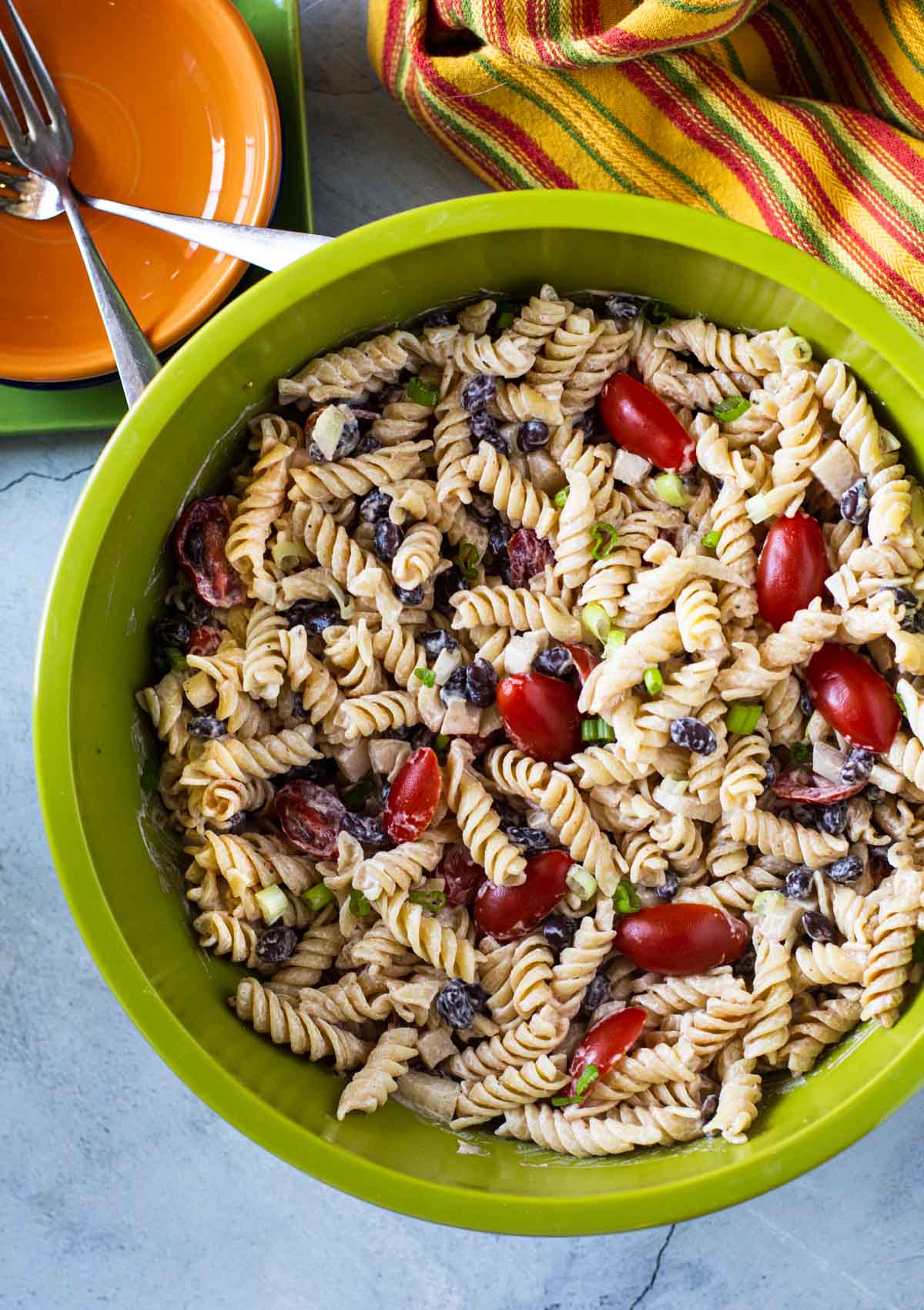 BBQ Pasta salad with black beans and cherry tomatoes.