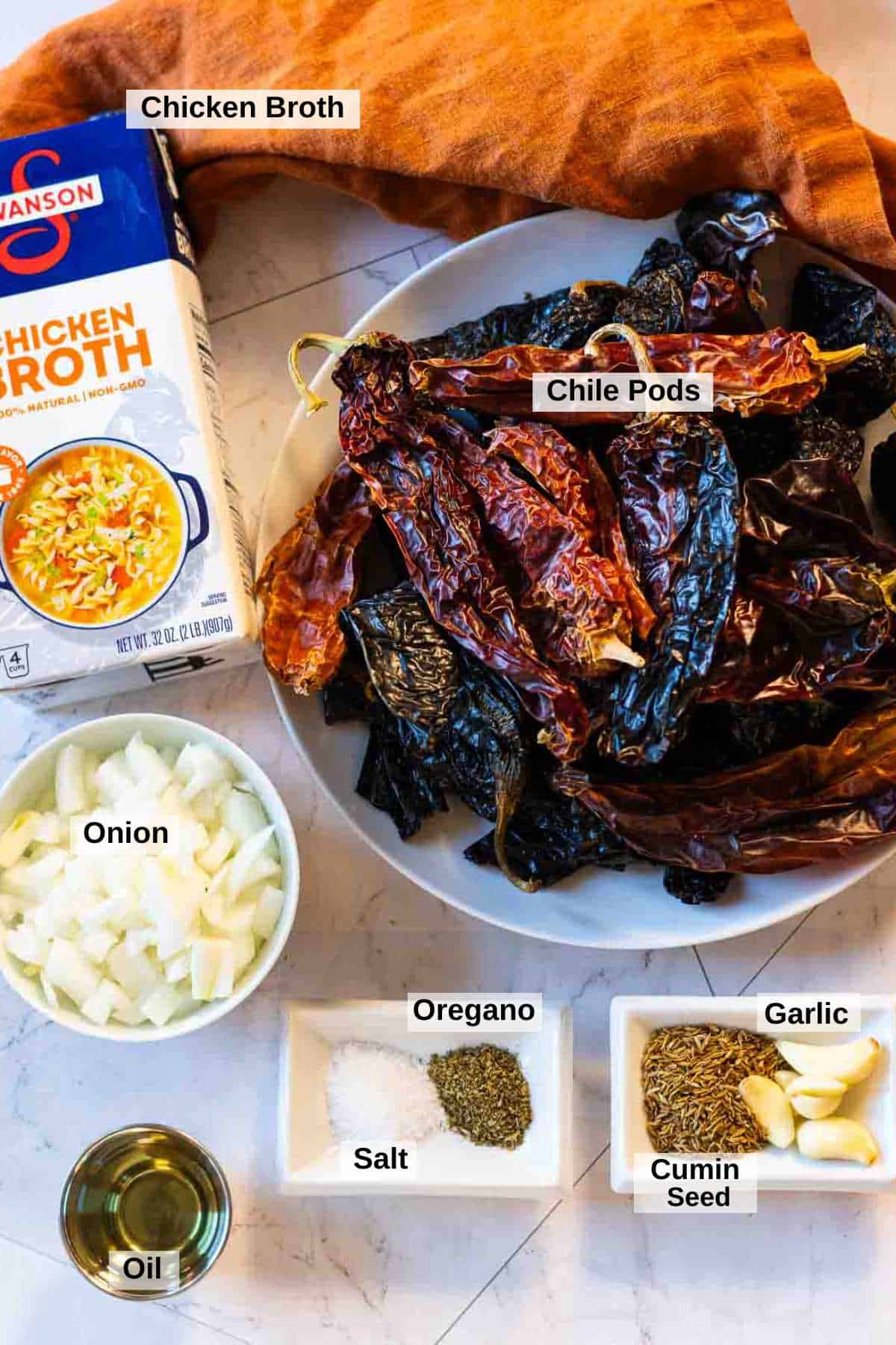 Ingredients to make New Mexico Red Chile Sauce for tamales.