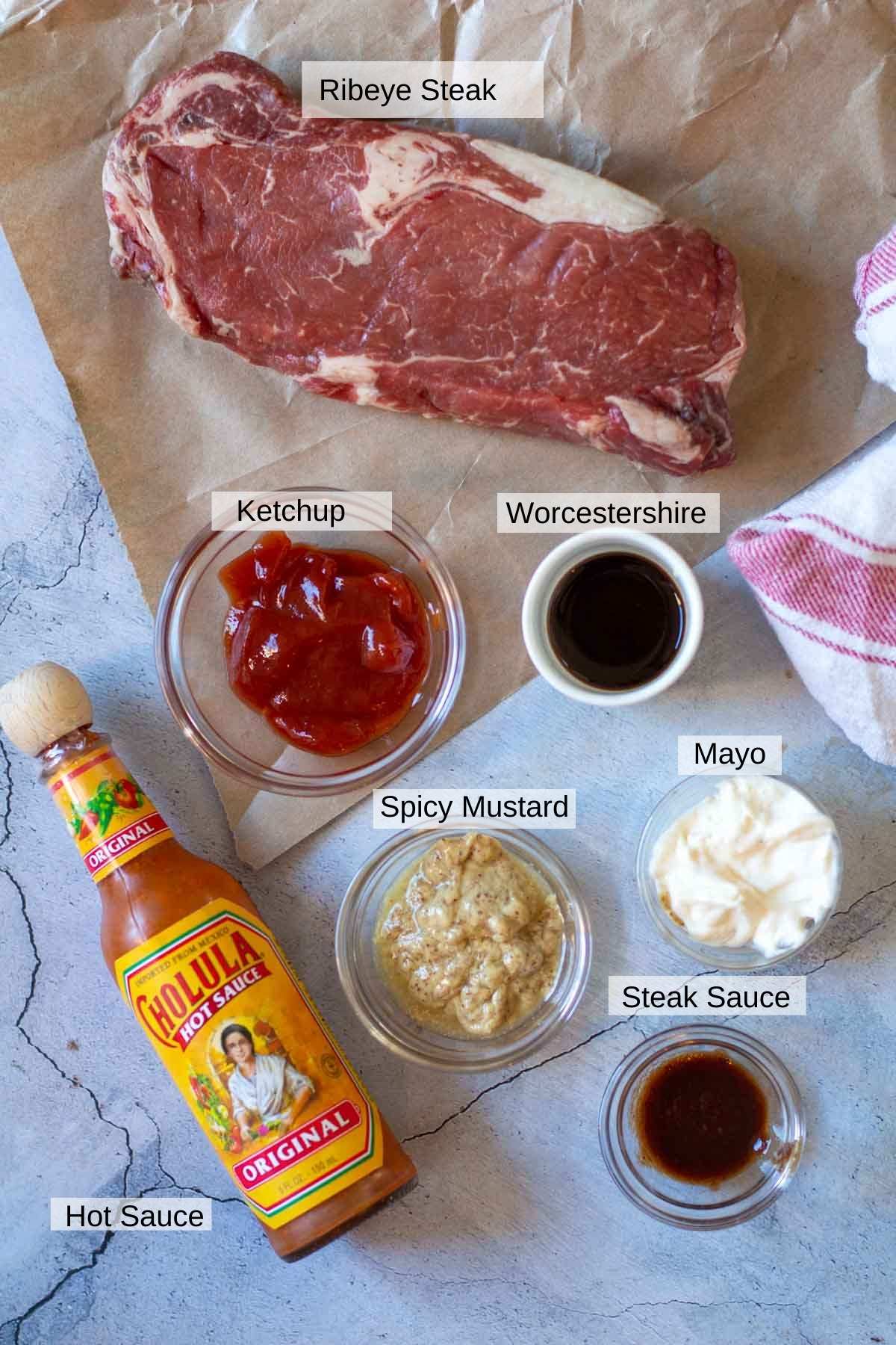 Ingredients to make grilled ribeye steak recipe with spicy mustard sauce.