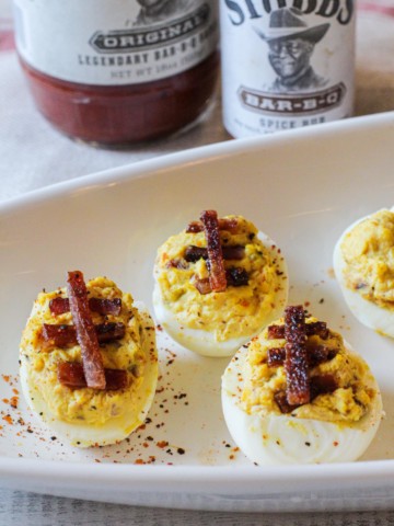 Deviled eggs recipe with bacon to look like football deviled eggs