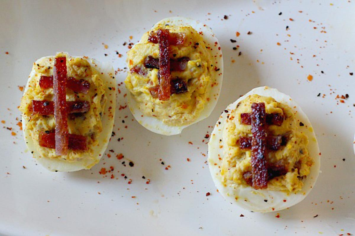 Game day food, deviled eggs to look like footballs