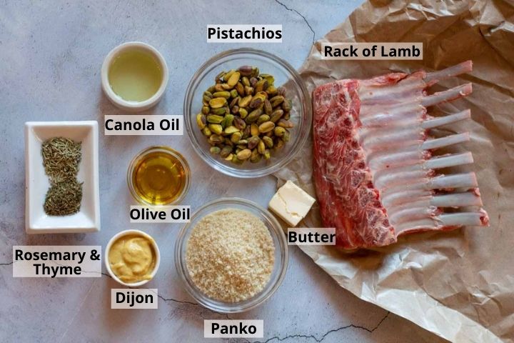 Ingredients to make pistachio crusted rack of lamb.