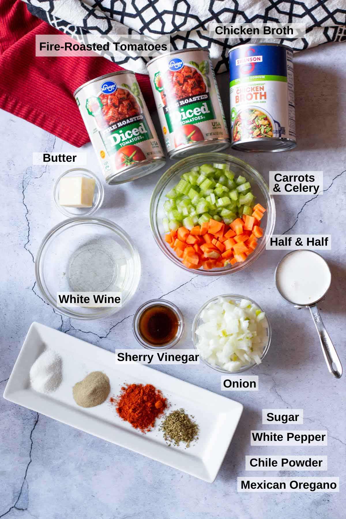 Ingredients to make spicy tomato soup from canned tomatoes.