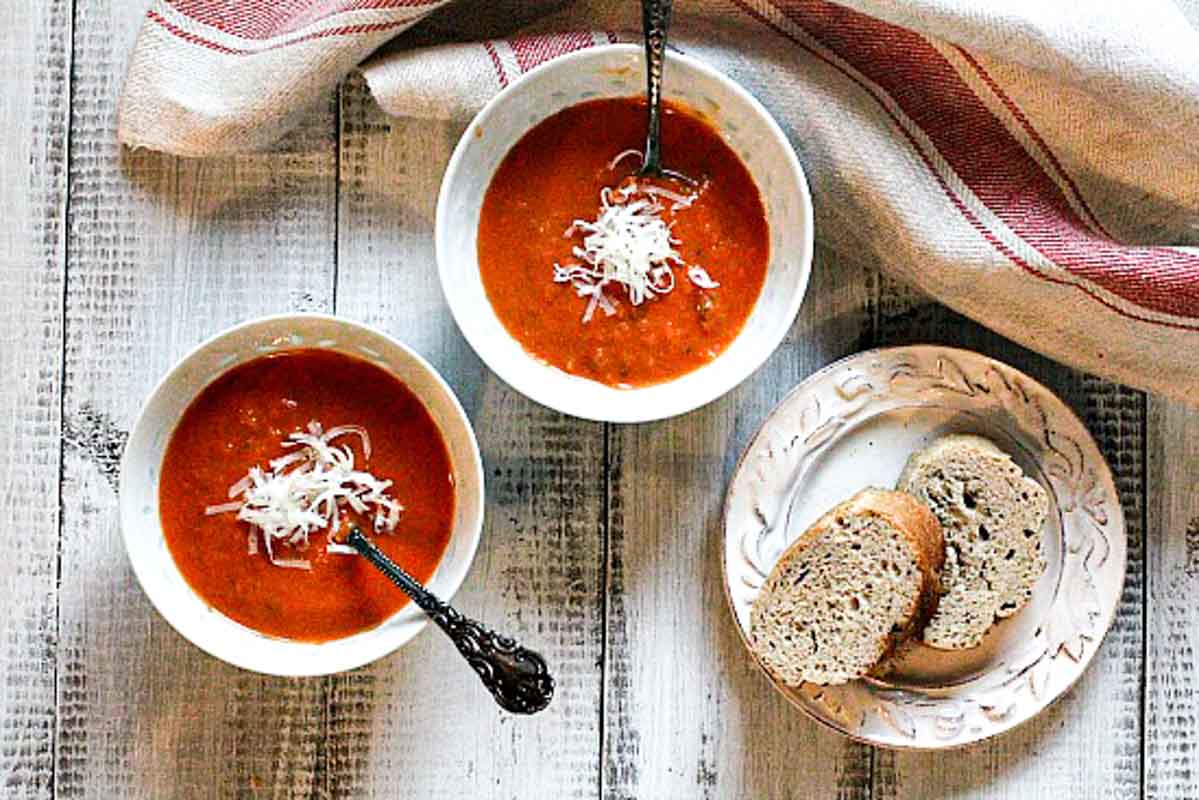 Two bowls of spicy tomato soup from canned tomatoes.