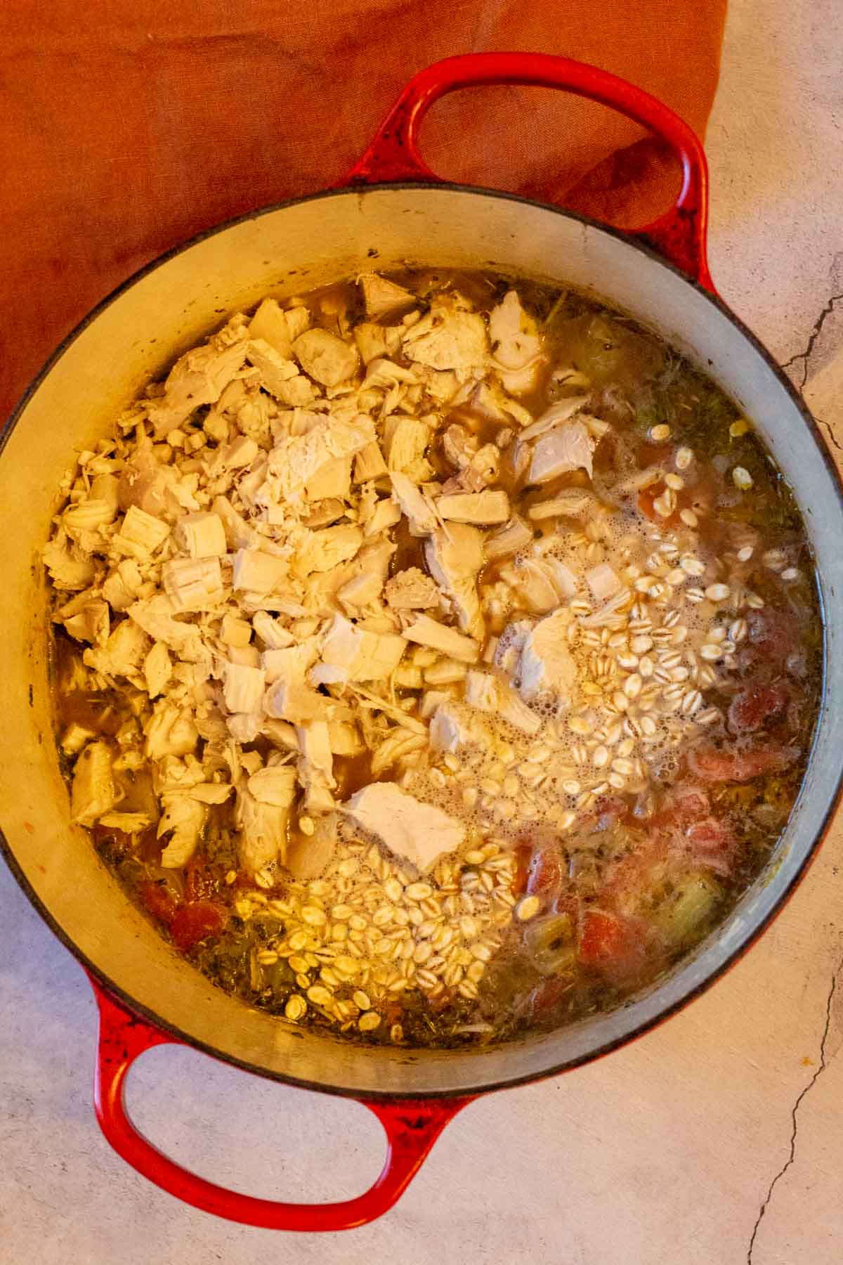 Adding turkey and quick cooking barley to lentil soup.