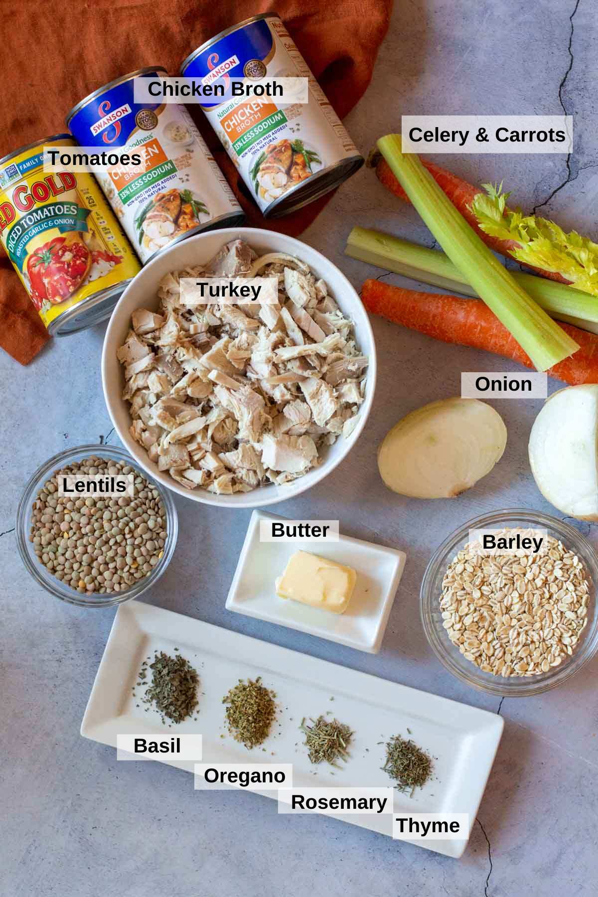 Ingredients to make lentil soup with turkey.