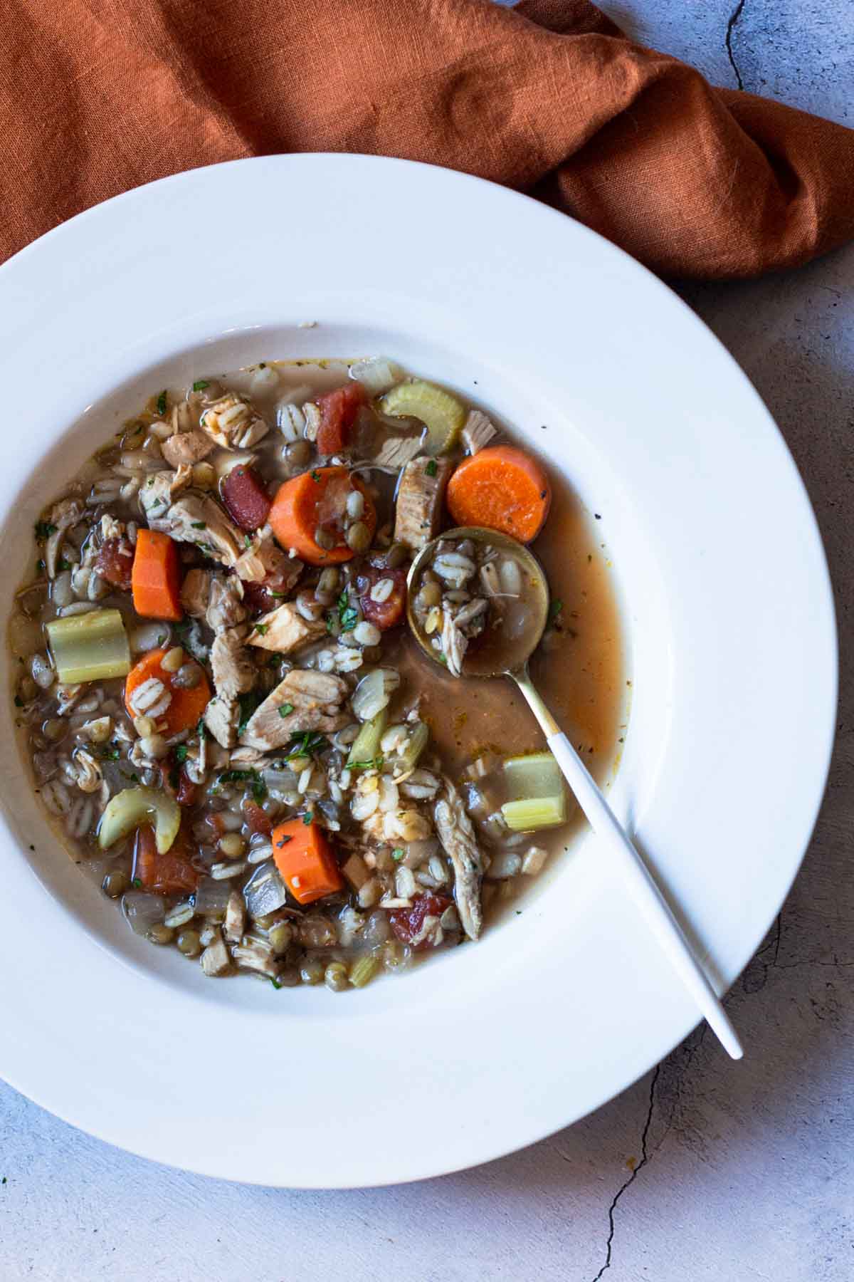 Lentil soup with turkey, barley and vegetables in a large white bowl.