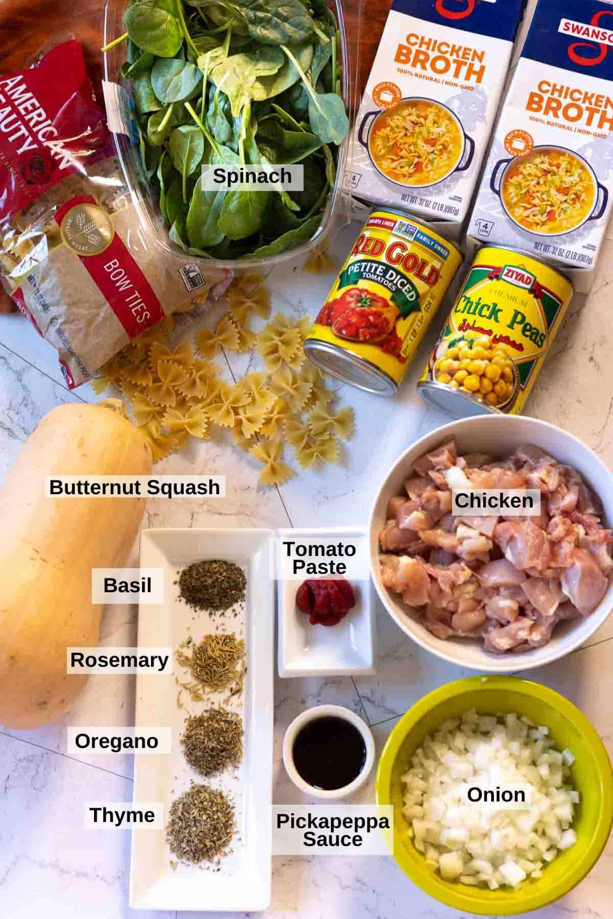 Ingredients to make Butternut Squash Chicken Soup.