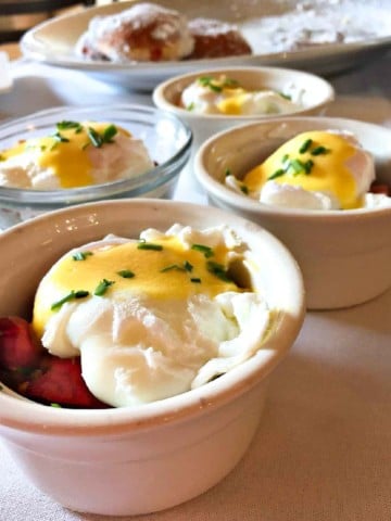 Poached Eggs and Mashed Potatoes in ramekins.