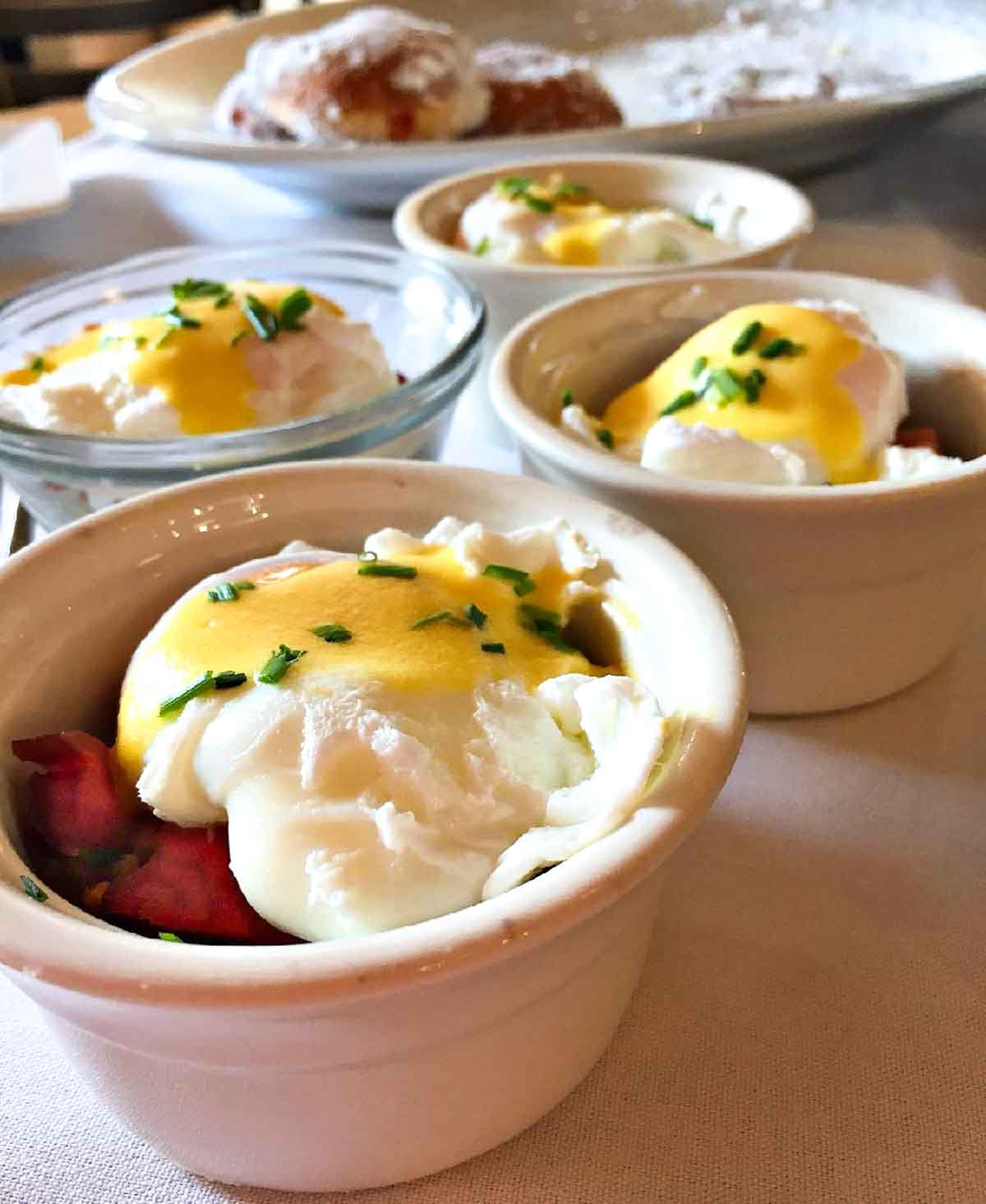 Poached Eggs and Mashed Potatoes in ramekins.