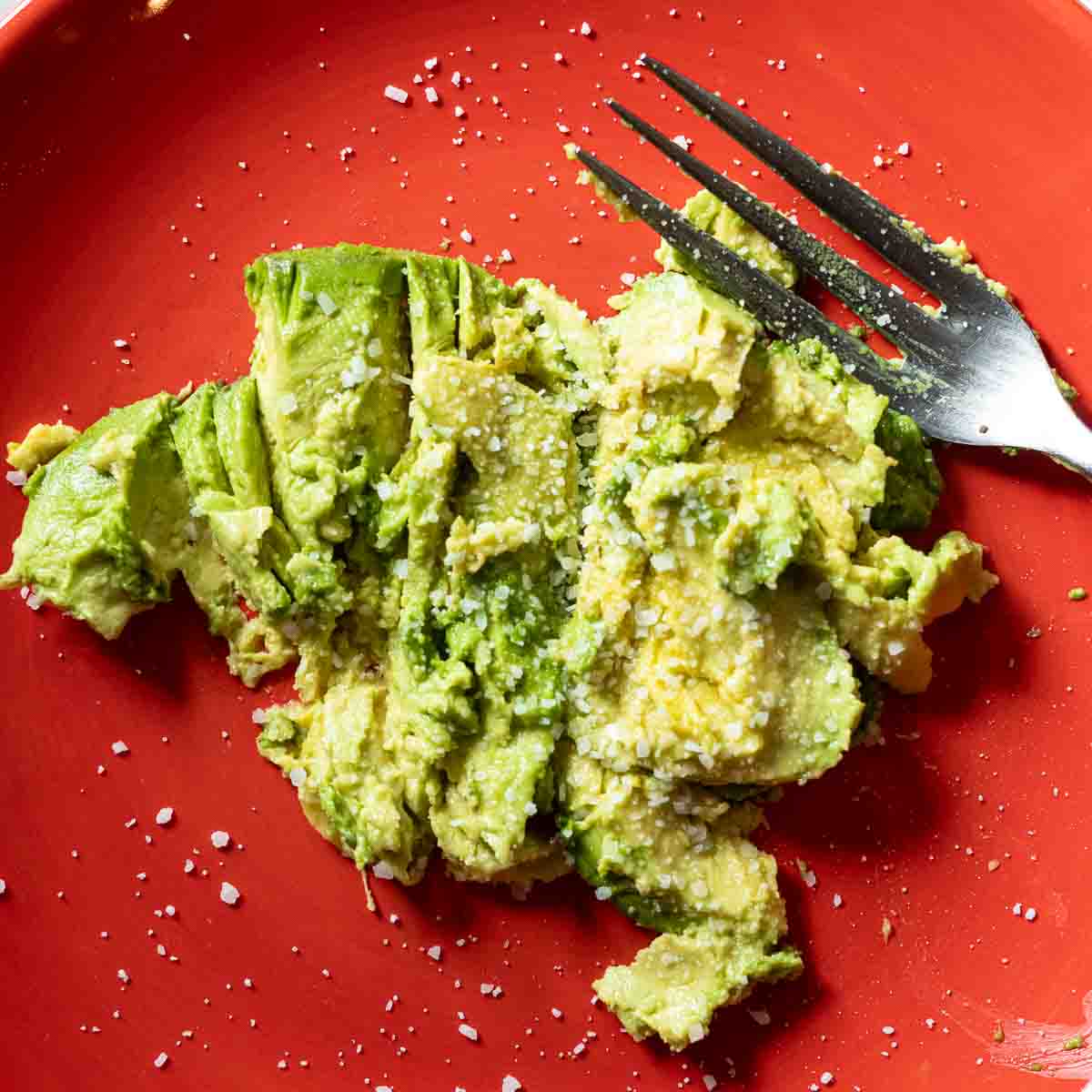 Smashed avocado on a red plate.