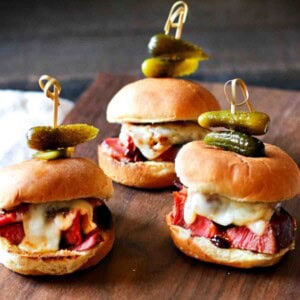 Glazed corned beef sliders.