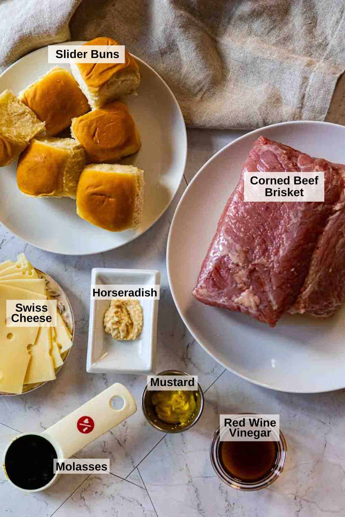 Ingredients to make glazed corned beef sliders.