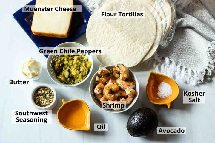 Ingredients to make shrimp quesadillas.