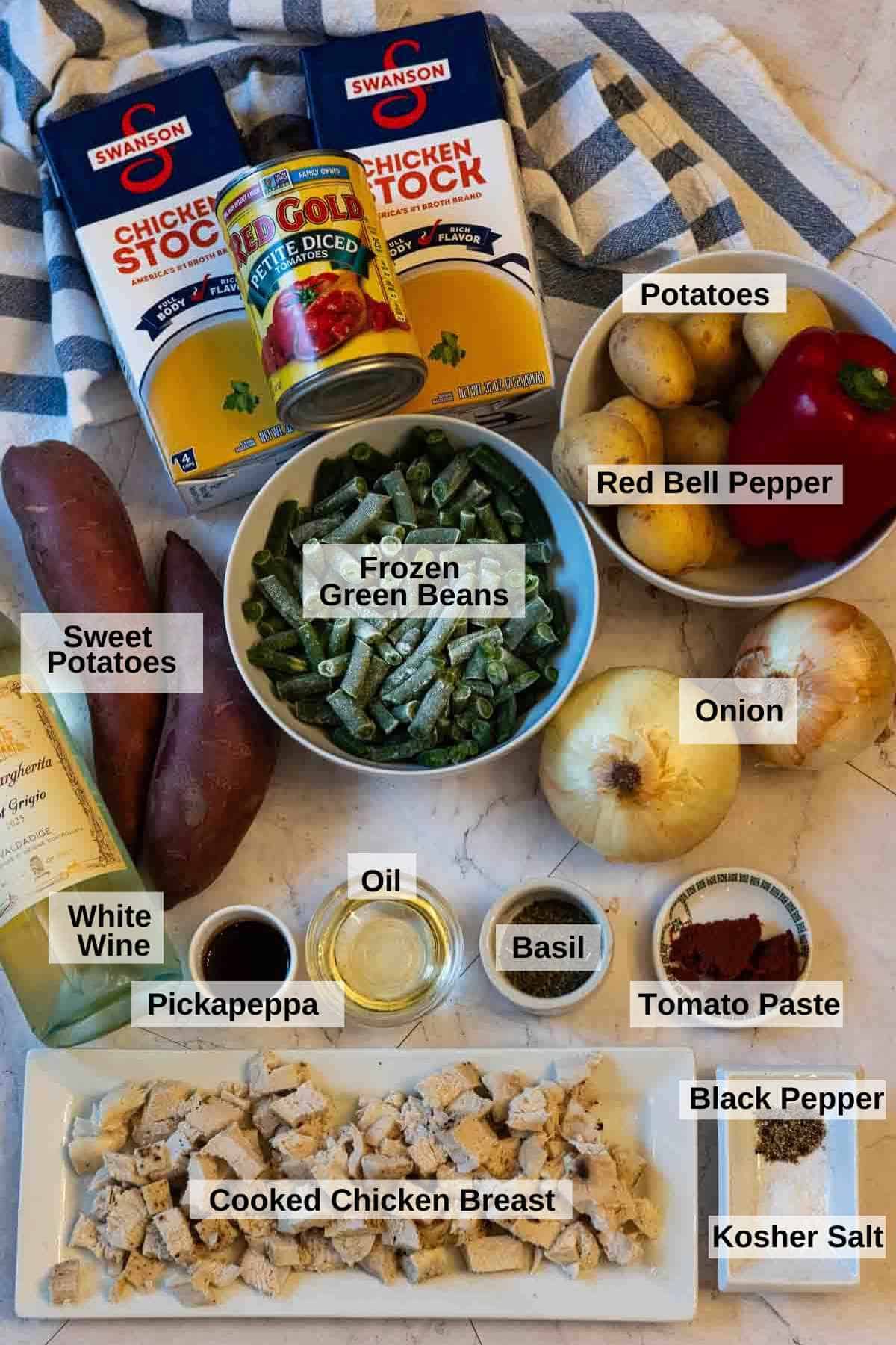 Ingredients to make chicken vegetable soup.