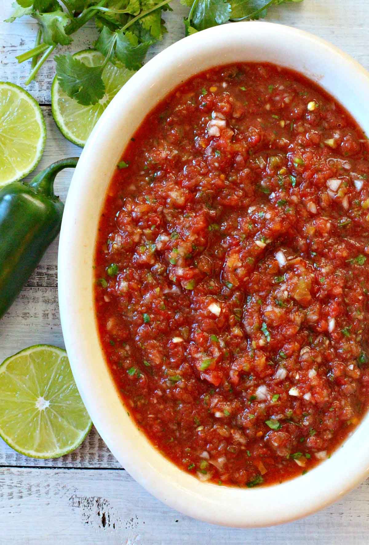 A bowl of Homemade Restaurant Style Salsa.