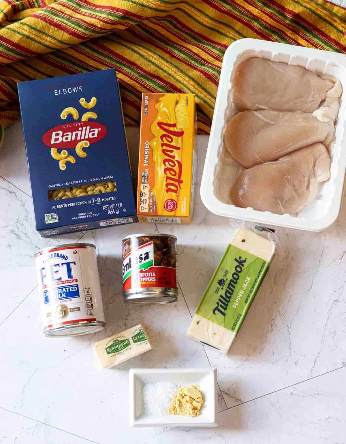 Ingredients to make Chipotle mac and cheese with chicken.