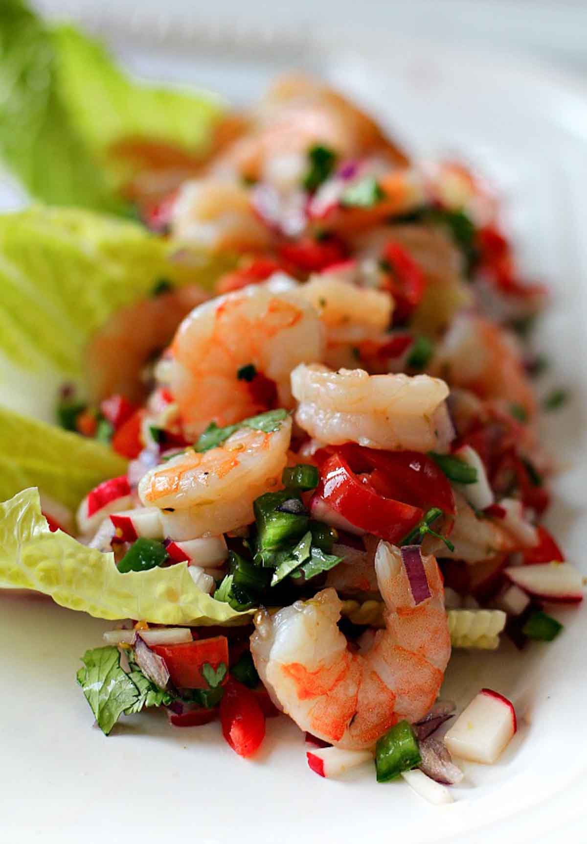 Shrimp taco lettuce wraps with crunchy vegetables and lime dressing.