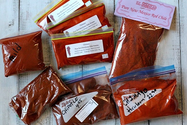 A variety of packets of New Mexico Red Chile Powders