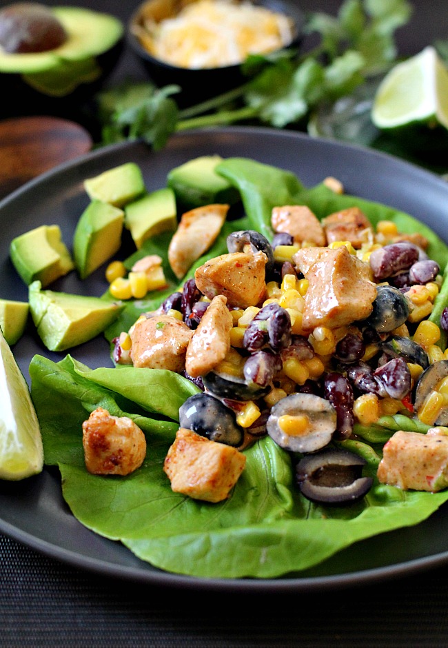 Mexican salad recipe served on Bibb Lettuce, with chicken breast, black olives, corn and kidney beans.