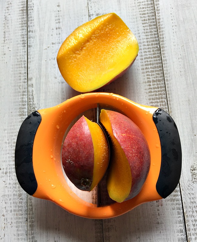 OXO Tool to slice mangoes for mango cream cheese stuffed french toast