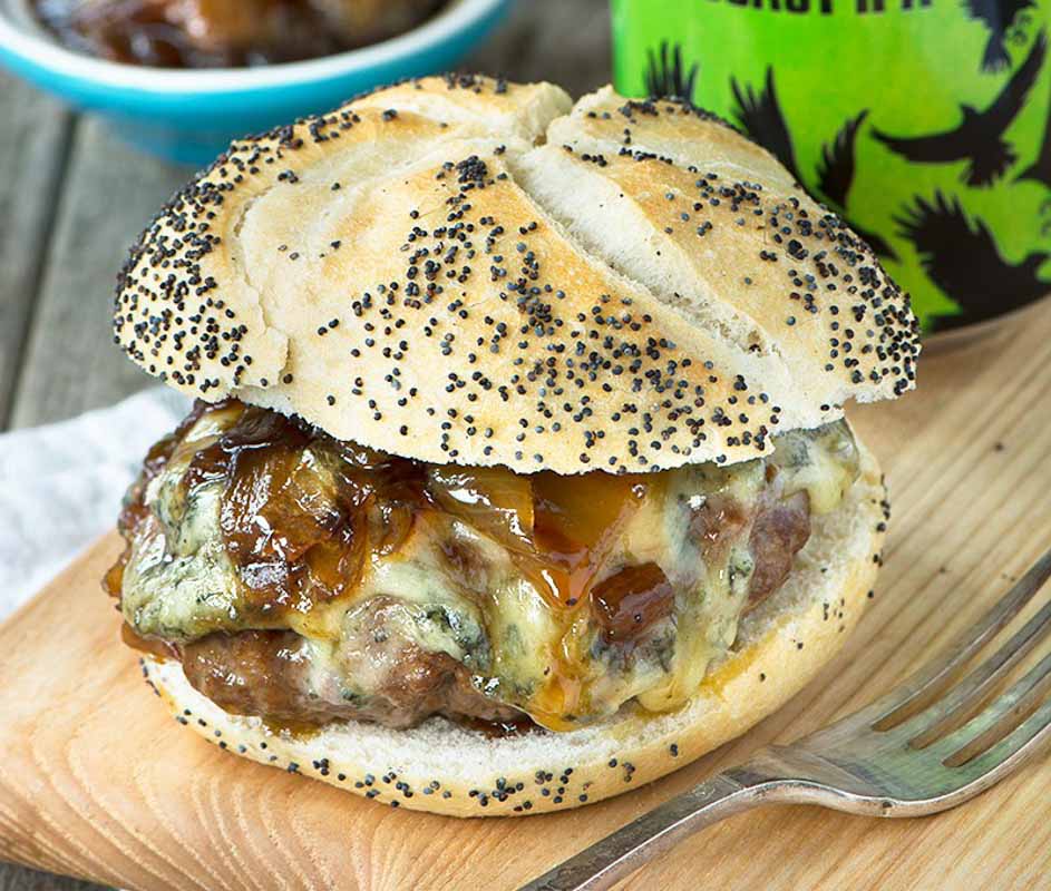 Beer burger with beer onions