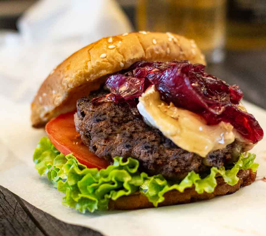 Rosemary Brie Burger with Red Onion Marmalade.