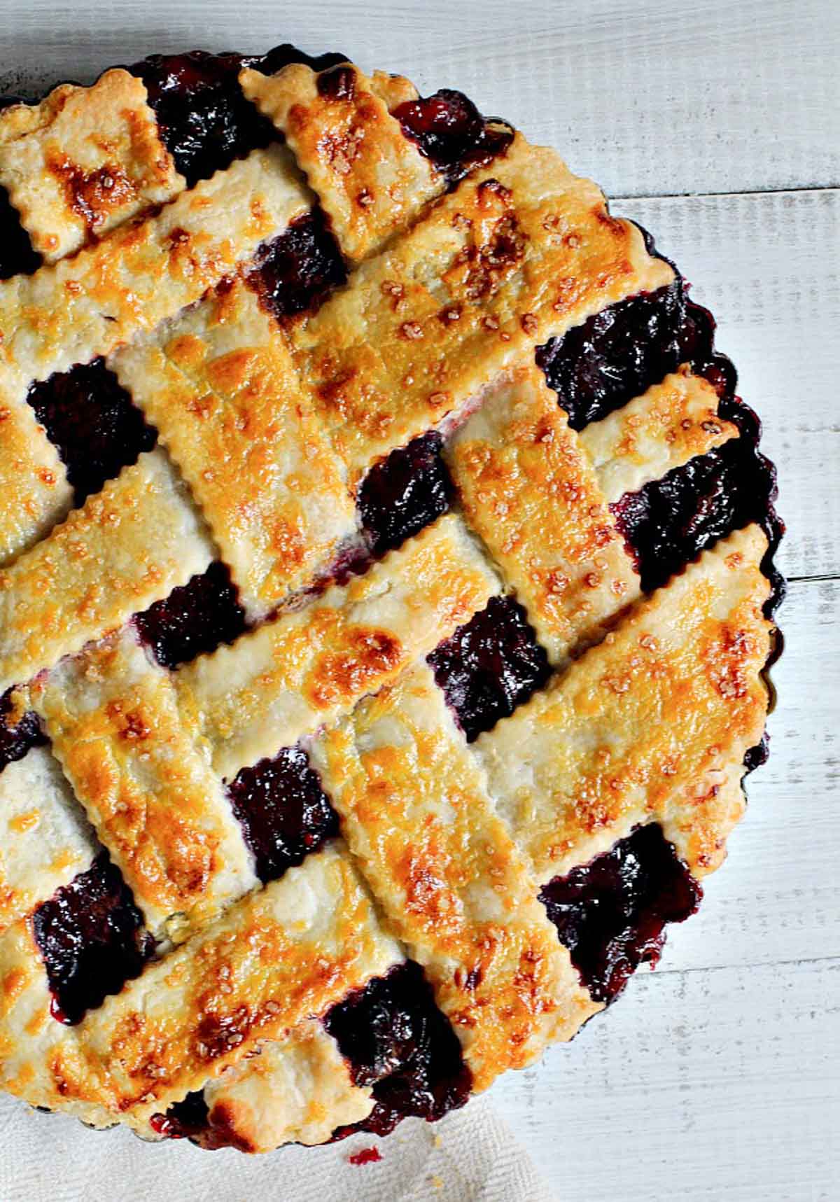Homemade fresh cherry pie with lattice crust topping.