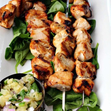 Grilled chicken kabobs with pineapple salsa.