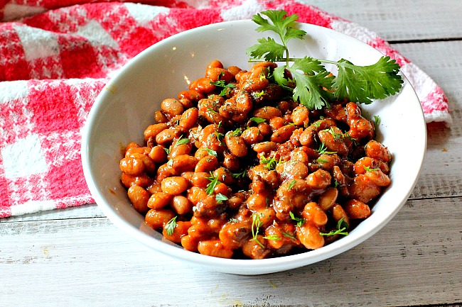 Instant Pot Pinto Beans with Chorizo. garnished with cilantro.