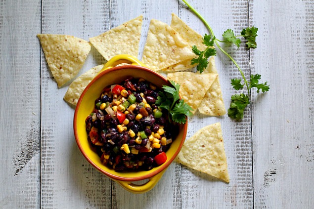 Black Bean Corn Salsa with Chipotle served with corn chips