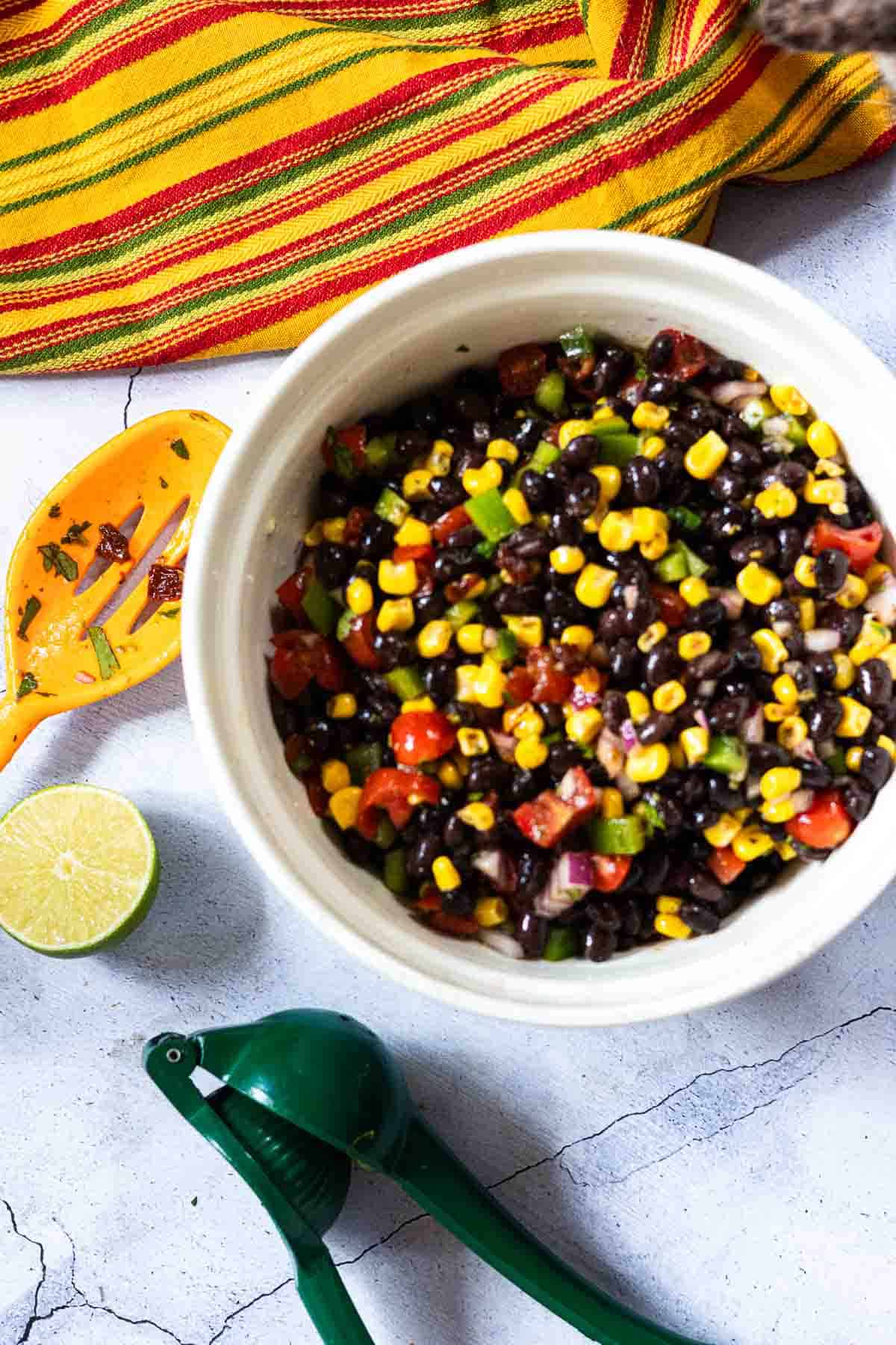 Black bean corn salsa dip in a large bowl ready to serve.