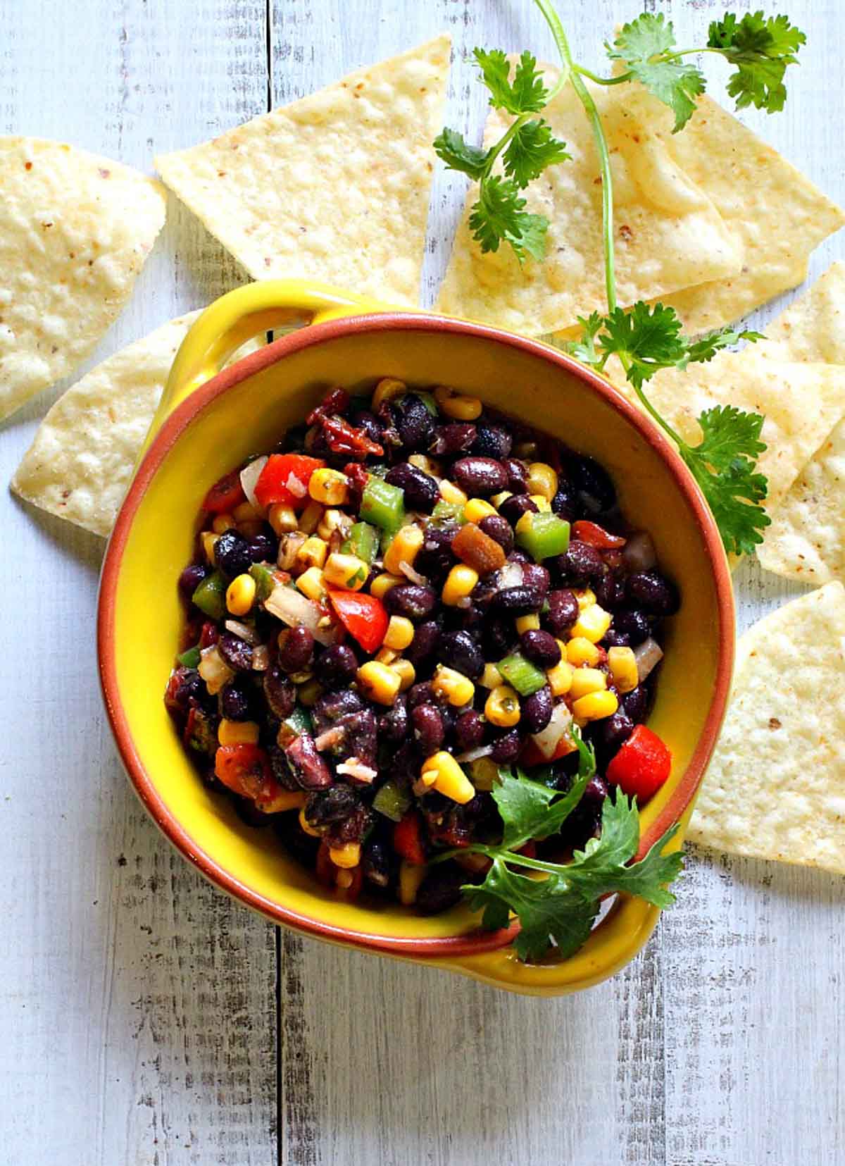 Black bean corn salsa with white corn tortilla chips.