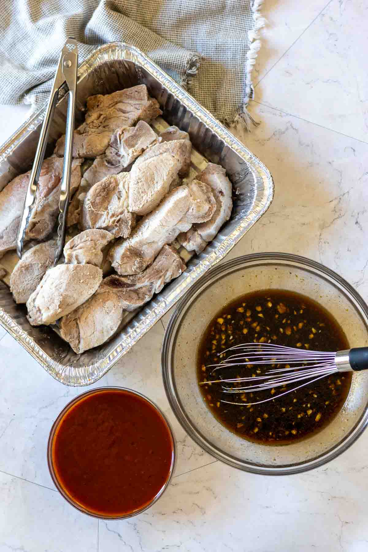 Step 3: country style ribs in a disposable pan.