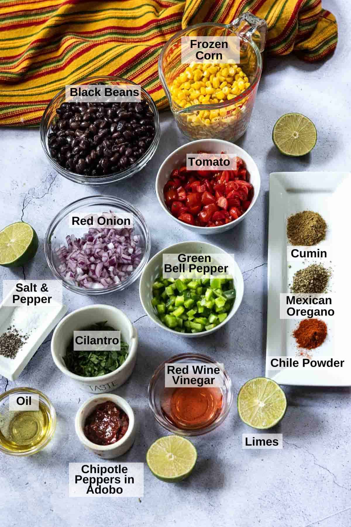 Ingredients to make Black Bean Corn Salsa Dip.