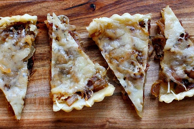 Caramelized onion tart with gruyere cheese, bacon and thyme