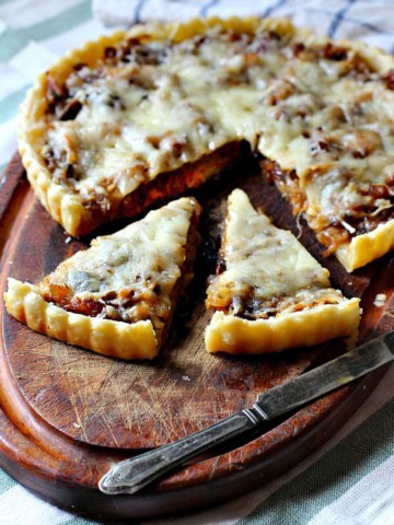 Onion tart with caramelized onions and Guyere cheese.